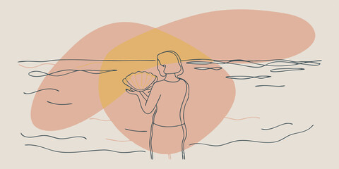 Poster - Mindful Moments An individual stands at the waters edge with waves gently rolling in. They pause to take a deep breath savoring the salty air while a delicate shell rests in their