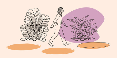 Poster - Mindful Journey A person is depicted in profile walking with arms relaxed at their sides. Their focus is on the ground surrounded by lush green foliage with the pebbles creating a