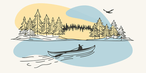 Poster - Mirror Image In the early morning light the canoe glides effortlessly across the lake creating a gentle ripple. The trees lining the shore are mirrored perfectly in the calm water