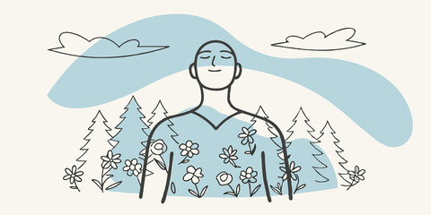 Poster - Mindful Pause The individual is depicted standing still in a clearing with wildflowers blooming at their feet. Eyes closed they visualize the forest air filling their lungs a