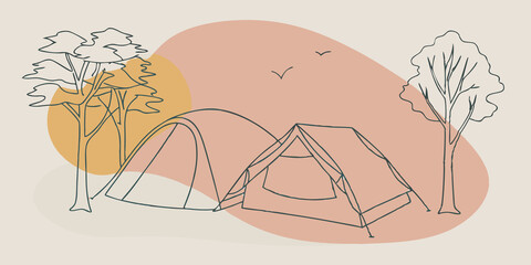 Poster - Morning Light As dawn approaches the first light of day peeks through the trees illuminating the tents fabric with a soft glow. The sleeping bags are a little cled hinting at a