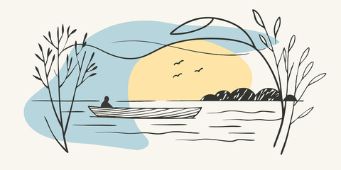 Poster - Morning Mist The boat sails gently through a thin veil of morning mist hovering above the lake. The air is cool and refreshing and the sound of water dripping from the sail creates