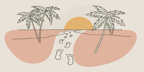 Poster - Morning Serenity Illustrate a tranquil beach scene at dawn where fresh foot footprints dot the wet sand glistening with morning dew. The ocean is a soft blue and the first light of