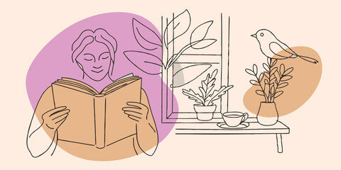 Poster - Morning Serenity Pale morning light spills into a room filled with plants. The person absorbed in their book has a content expression while their cup of tea rests on a small rustic