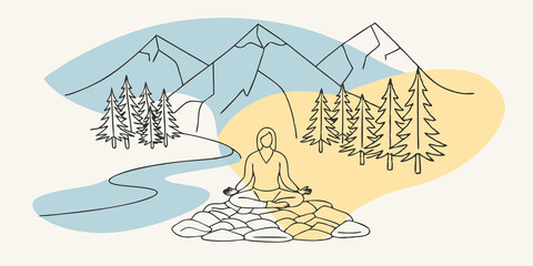 Poster - Mountain Mediation A figure sits in a meditative pose amid a tering of smooth stones. Surrounding them are towering pines and jagged mountain peaks while the soft murmur of a