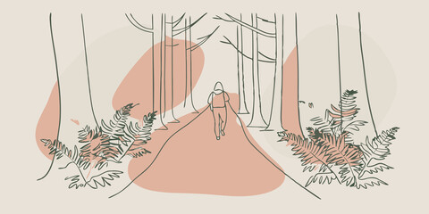 Poster - Mossy Path The illustration depicts a narrow mosscovered trail winding through the forest. The rain turns the moss a deeper shade of green while the figure strolls slowly treading