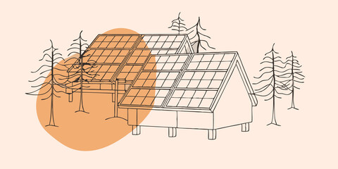 Poster - Morning Dew In the early morning light dew glistens on the solar panels of the tiny homes. Surrounded by a thick ring of trees a gentle mist rises from the forest floor giving a