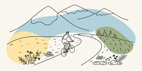Poster - Mountain View A lone cyclist ascends a gentle incline with towering mountains in the background. The path is lined with smooth stones and tered patches of vibrant wildflowers. The