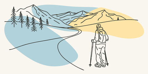 Aufkleber - Mountain Retreat A skier pauses at the edge of a wide empty trail taking a moment to soak in the panoramic view of rolling mountainous terrain covered in untamed nature. Their gear