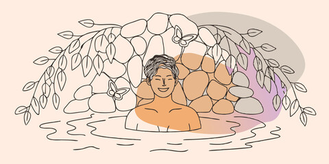 Poster - Natures Embrace A person relaxes in a hot spring nestled between rugged rocks sunlight filtering through the leaves of overhanging trees. They are smiling and enjoying the warm