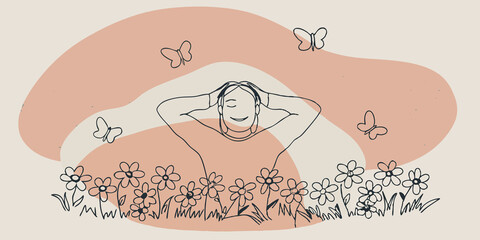 Poster - Natures Embrace A person leans back on their hands in a flowerfilled field a gentle smile on their face. Fluttering butterflies glide gracefully just above the flowers creating a