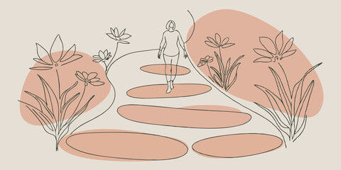 Poster - Natures Embrace The scene captures the figure amidst a tranquil garden walking foot on a winding pebble path surrounded by blooming flowers and gentle greenery. The person seems to
