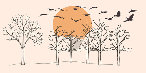 Poster - Natures Embrace with Birds in Flight As the sun rises birds take flight silhouetted against the brightening sky. Their presence adds life to the tranquil forest setting where light