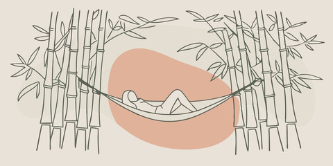Poster - Natures Embrace A person lounging on a comfortable hammock surrounded by a lush bamboo grove. The vibrant green bamboo forms a natural enclosure enhancing the serene atmosphere.