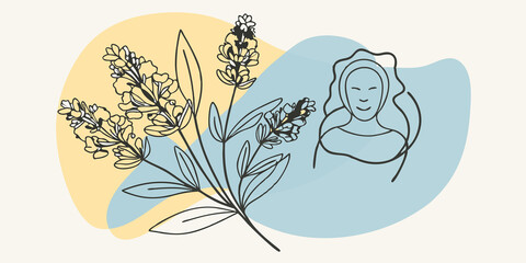 Poster - Natures Embrace Illustrated closeup of the lavender flowers showing their delicate petals and leaves. In the background a figure is nestled a the blossoms with a serene smile on