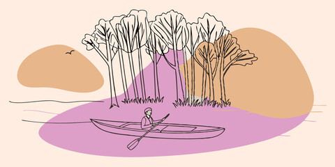 Poster - Natures Embrace Towering trees line the shore their silhouettes dark against the colorful sky. The kayaker feels a deep connection to nature surrounded by the soft chirps of