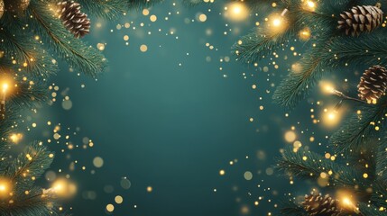 a close-up view of pine branches adorned with twinkling lights and pinecones, creating a festive and