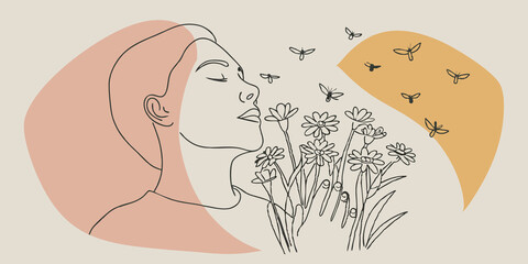 Poster - Natures Symphony A person stands still eyes closed immersed in the sounds of the blooming meadow. They hold a handful of wildflowers to their nose inhaling their sweet fragrance