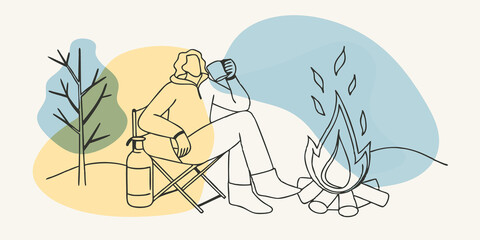 Poster - Natures Sounds A figure sits comfortably on a camping stool with a thermos in one hand and a mug in the other listening to the chorus of rustling leaves and crackling fire. The