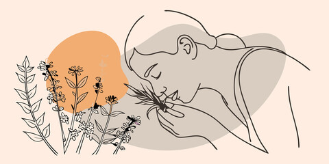 Poster - Natures Scents In a serene garden space a person leans down bringing a handful of rosemary close to their nose inhaling its aromatic scent. The sun sets in the background casting a