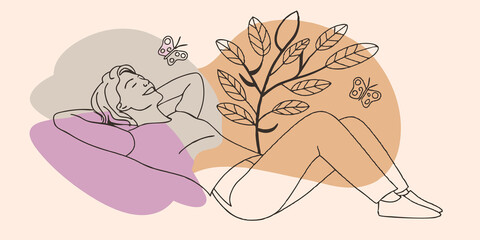 Poster - Natures Symphony One person reclines back on their elbows eyes closed and a content smile on their face simply soaking in the harmonious sounds of nature. They can hear the whisper