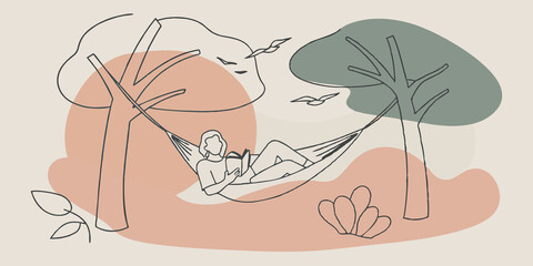 Poster - Natures Soundtrack The illustration includes birds perched on nearby branches chirping softly in the background. The hammock sways with a rhythmic motion as the person delights in