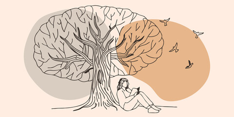 Poster - Natures Orchestra Surrounded by the sounds of chirping birds and rustling leaves the individual sits beneath a large oak tree with their back against the trunk. They close their