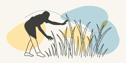 Poster - Natures Touch A silhouette of a person is captured midstep with hands outstretched towards the rippling blades of grass. The vibrant greens and soft yellows surround them as the