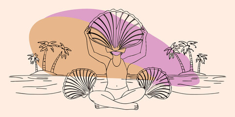Poster - Natures Treasure A person sits crosslegged on the sand surrounded by a small collection of shells theyve gathered. Each shell is held up to the light revealing intricate patterns