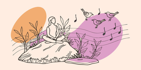Poster - Natures Symphony The person sits on a mosscovered rock surrounded by the tranquil sounds of nature. In the background birds chirp softly and leaves rustle in the gentle breeze