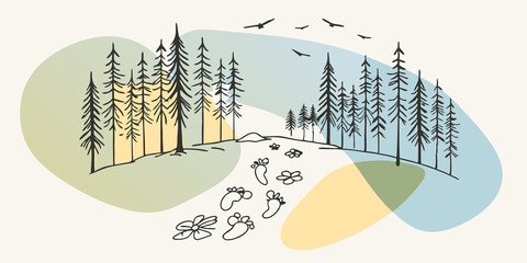 Poster - Nature Walk Page An illustration of footprints leading through a forest path with tall trees and birds in the sky. Notes describe the beauty of the sights and sounds of nature with