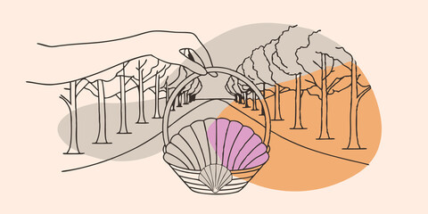 Poster - Nature Walk Scene A whimsical view of a hand reaching into the basket pulling out a vibrant shell under a canopy of trees. In the background a serene path winds through a forest