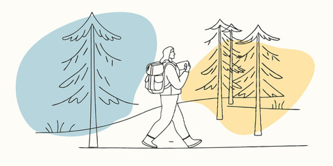 Poster - Nature Walk with Scents A person is depicted walking through a tranquil forest path taking deep breaths of fresh air. They have a pocketsized inhaler filled with essential oils
