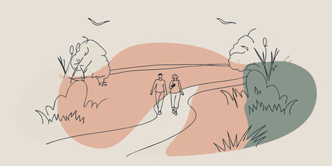 Poster - Nature Walks Imagine stepping outside for a nature walk along a winding trail that disappears into the greenery. Birds can be heard chirping in the distance and a nearby stream can