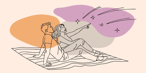 Poster - Night Sky Watchers A couple of individuals lie back on the blanket gazing up at the expansive sky. They point out constellations and shooting stars their faces illuminated by soft