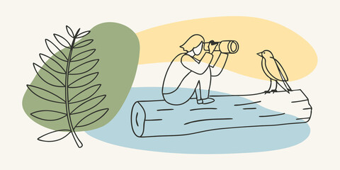 Poster - Observing Wildlife Perched silently on a log by the riverbank a photographer aims their classic camera at a perched bird. They are completely still absorbing the sounds of