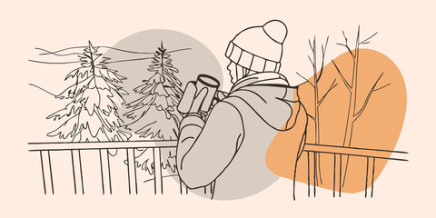 Poster - Nestled in Nature An individual decked out in winter gear standing at a treelined overlook after a ski run savoring a hot drink from a thermos. The serene surroundings highlight