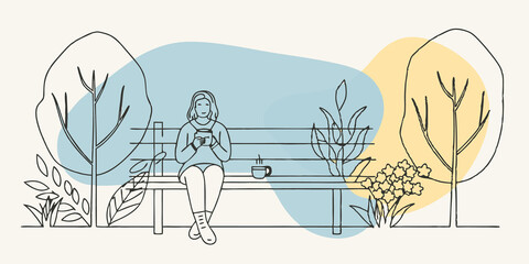 Poster - Park Bench Reflection Sitting on a park bench a person takes in the beauty of dewkissed grass and blooming flowers. With a steaming cup of tea in hand they close their eyes