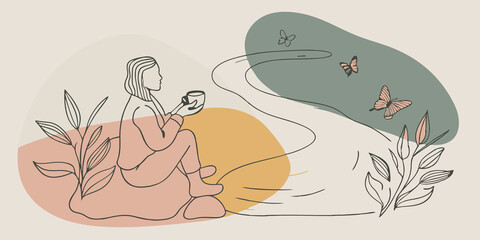 Poster - Peaceful Escape Sitting on a log a figure enjoys herbal tea cradling the mug with both hands. The mountain stream flows lazily beside them while butterflies flutter in the warm