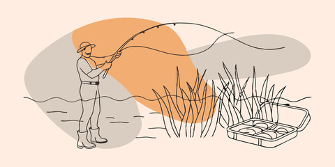 Poster - Peaceful Casting The angler stands on the shore casting a fishing line with smooth precision. Their face is calm and content a gentle breeze ruffling their hair. Nearby a small