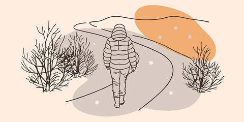 Poster - Path of Peace A figure cloaked in a puffer jacket walks with a sense of calm along a snowy lane bordered by low shrubs. The path winds gently inviting exploration as light flurries