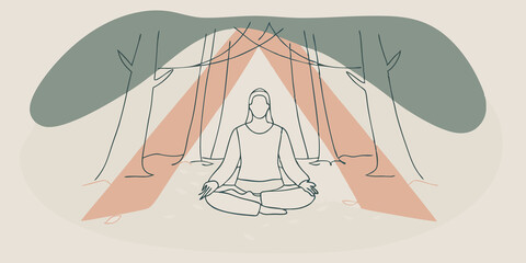 Poster - Peaceful Retreat A blanket of fallen leaves encircles the meditator who is dressed in comfortable flowing clothes. The air is fresh and small beams of light pierce the dense