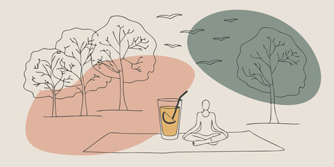 Poster - Park Serenity A picnic in a tranquil park with sprawling trees and chirping birds. The person sits crosslegged on their blanket enjoying a glass of lemonade adorned with a slice of