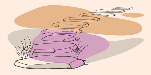 Aufkleber - Pathway of Stones A winding path made from carefully p stones leads through a sandy area dotted with larger boulders. Each stone is uniquely shaped fostering a feeling of natural