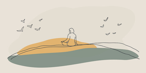 Poster - Peaceful Solitude A solitary figure sits atop the hill enveloped in silence. They observe the clouds drift slowly their mind wandering as they listen to the distant sound of