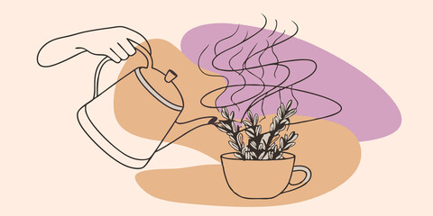 Poster - Pouring Hot Water As the kettle whistles softly the person carefully pours steaming water over the herbs in the teapot. The steam rises in swirling patterns enveloping the garden