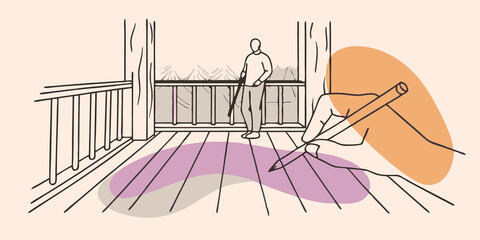 Aufkleber - Quiet Cabin Retreat Outside a rustic cabin a person stands on the wooden porch gazing down at their shadow d across the floor. With a pencil in hand they replicate the graceful