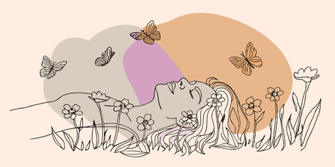 Poster - Quiet Bliss Amidst a field dotted with blooms a carefree figure reclines with eyes closed absorbing the sounds of nature. Soft petals in bright colors peek through their hair