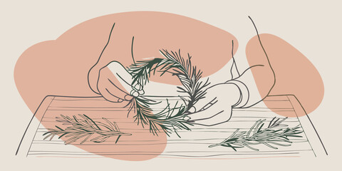 Aufkleber - Preparing the Base Seated at a rustic wooden table the person arranges sy branches into a circular shape creating the base for the wreath. Their hands gently intertwine the