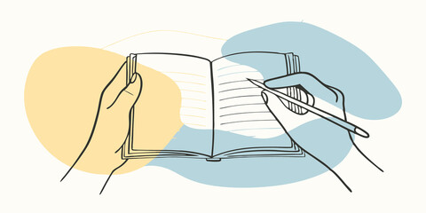 Poster - Quiet Concentration A closeup of a persons hands as they write in an open journal perched on their knees. In the background the shimmering lake reflects the warm colors of a